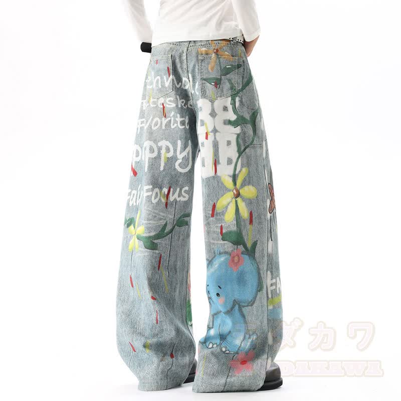 Jeans mit Cartoon-Katzen- und Blumenmuster, gewaschen, weites Bein - image 4