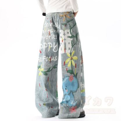 Jeans mit Cartoon-Katzen- und Blumenmuster, gewaschen, weites Bein - image 4