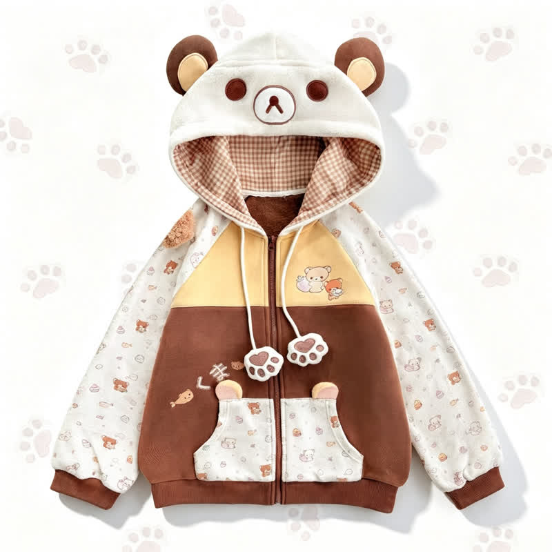 Kawaii Farben Block Bärenohren Kapuzenpullover mit Reißverschluss - Beige - L - image 1