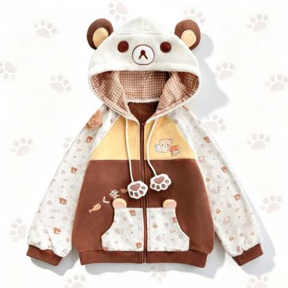 Kawaii Farben Block Bärenohren Kapuzenpullover mit Reißverschluss - Beige - L - image 1