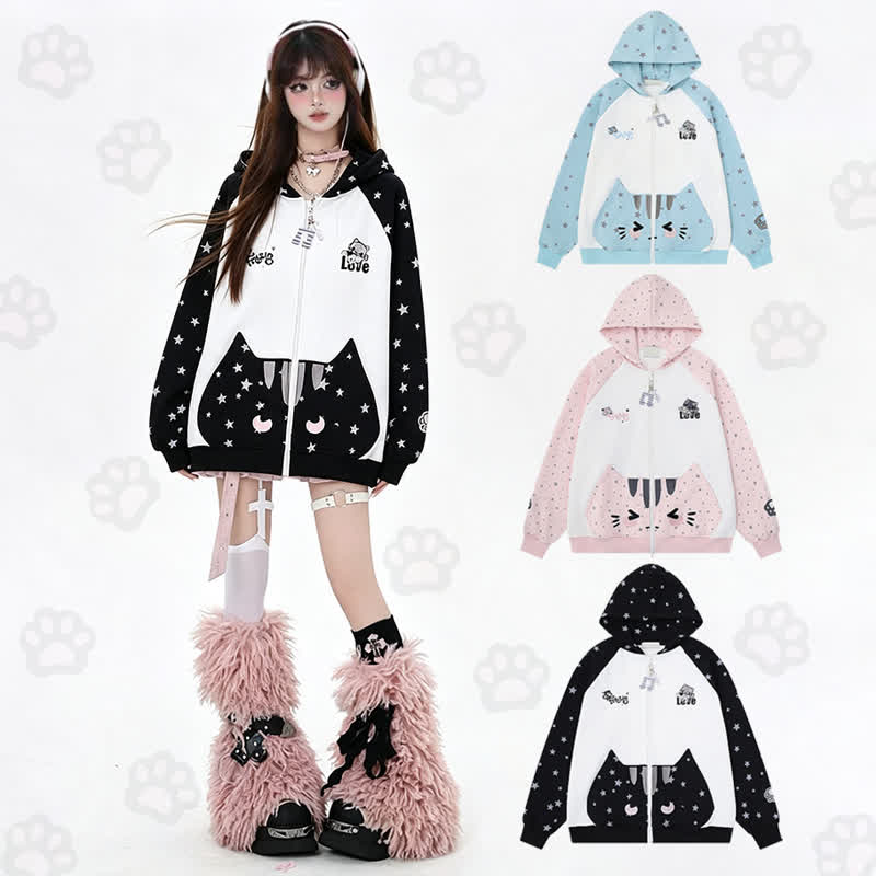Hochwertiger, strapazierfähiger Kapuzenpullover mit Sternenprint, Katzenstickerei und Reißverschluss - image 1