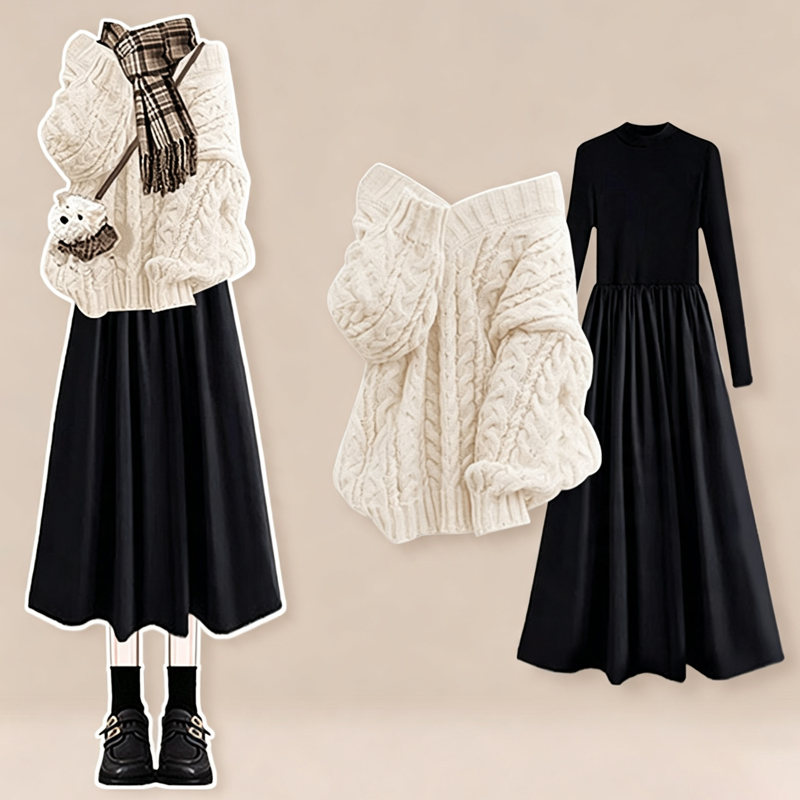 Elegantes zweiteiliges Set aus Zopfstrickpullover, langärmeligem Kleid und Kleid - Weißes Set - 3XL - image 1