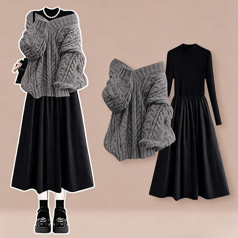 Elegantes zweiteiliges Set aus Zopfstrickpullover, langärmeligem Kleid und Kleid - Graues Set - 3XL - image 2