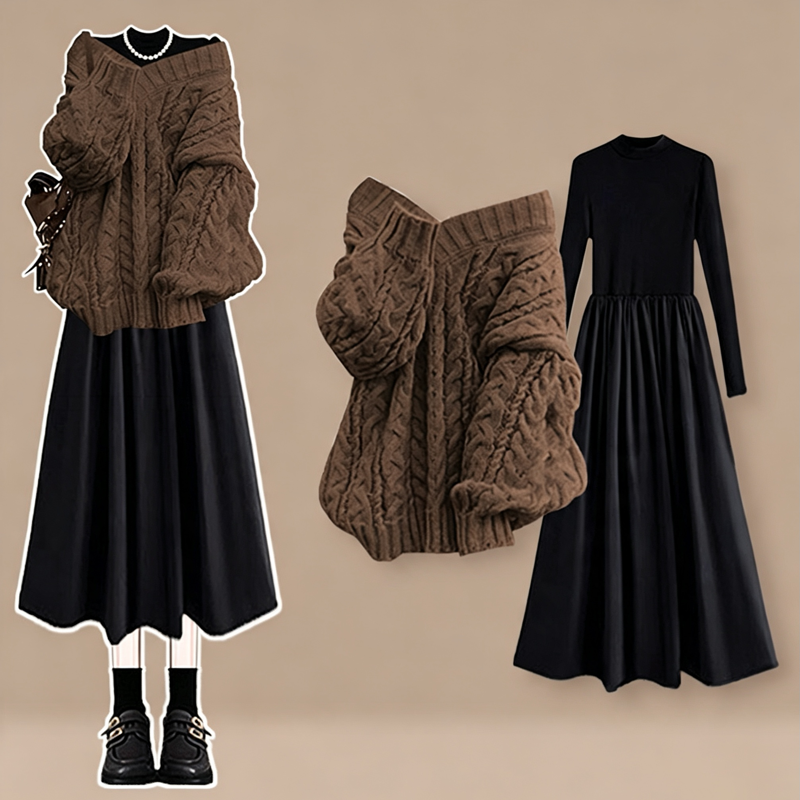 Elegantes zweiteiliges Set aus Zopfstrickpullover, langärmeligem Kleid und Kleid - Braunes Set - 3XL - image 3
