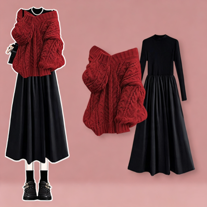Elegantes zweiteiliges Set aus Zopfstrickpullover, langärmeligem Kleid und Kleid - Rotes Set - 3XL - image 4