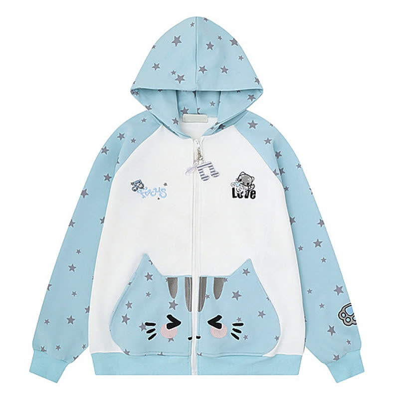 Hochwertiger, strapazierfähiger Kapuzenpullover mit Sternenprint, Katzenstickerei und Reißverschluss - Blau - XL - image 3