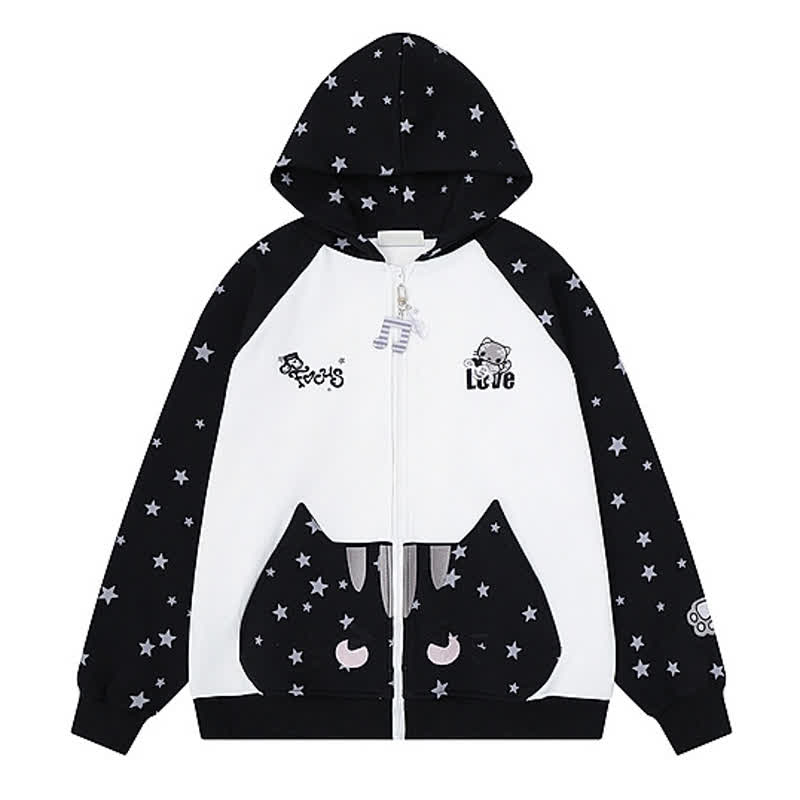 Hochwertiger, strapazierfähiger Kapuzenpullover mit Sternenprint, Katzenstickerei und Reißverschluss - Schwarz - XL - image 2