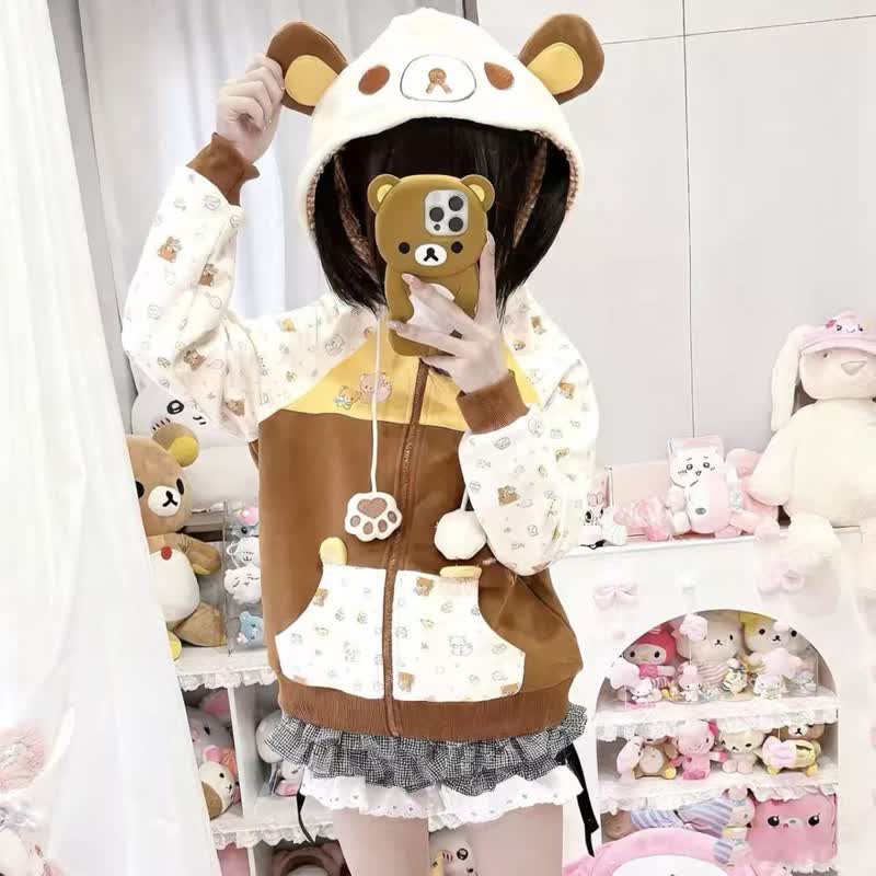 Kawaii Farben Block Bärenohren Kapuzenpullover mit Reißverschluss - image 2