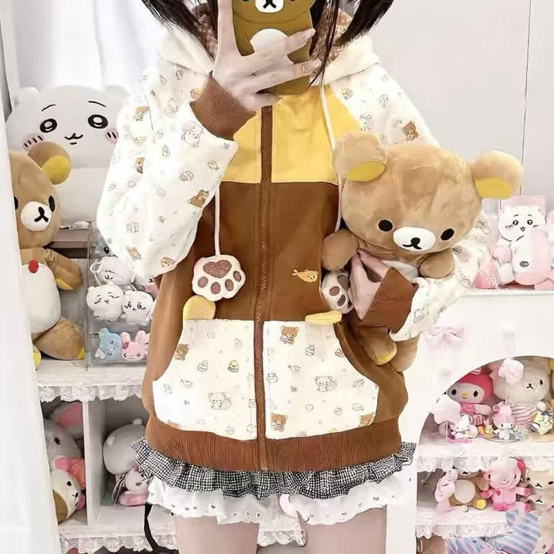 Kawaii Farben Block Bärenohren Kapuzenpullover mit Reißverschluss - image 3