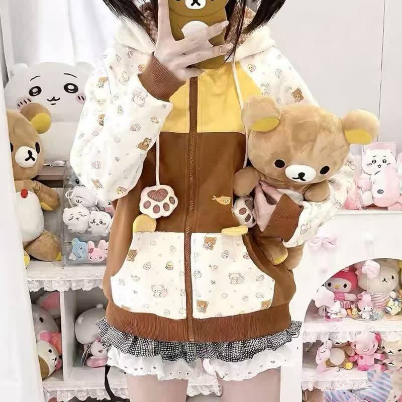 Kawaii Farben Block Bärenohren Kapuzenpullover mit Reißverschluss - image 3