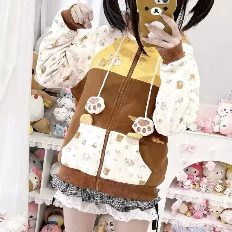 Kawaii Farben Block Bärenohren Kapuzenpullover mit Reißverschluss - image 4