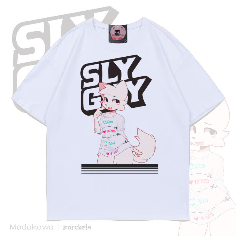 MODAKAWA X zarckets SLY GUY Niedliches Fuchs-Graffiti-T-Shirt - Weiß - 5XL - image 2
