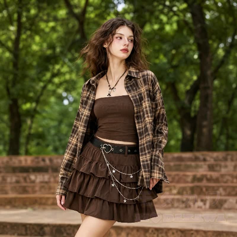 Zweiteiliges Set aus kariertem Vintage-Langarmhemd und gestuftem Rüschenrock im Vintage-Stil - image 2