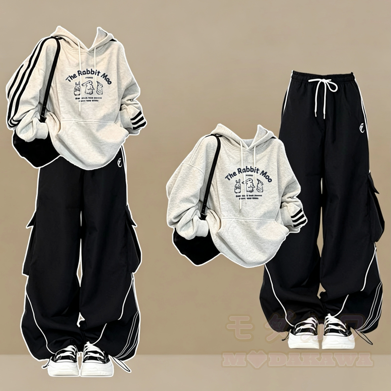 Zweiteiliges Set bestehend aus Hoodie mit Streifenmuster und Cargohose mit weitem Bein und Cargohose mit Cargo-Motiv und Hasenprint - Satz - 3XL - image 1