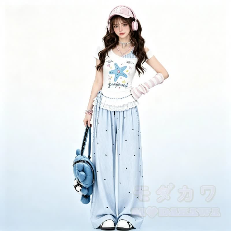 Zweiteiliges Set: Sternenmuster-Top mit schulterfreiem Spitzeneinsatz, gepunktete Hose mit weitem Bein und passendem Spitzentop mit Polka-Dot-Print, schulterfreiem Top und gepunkteter Hose mit weitem Bein - image 2