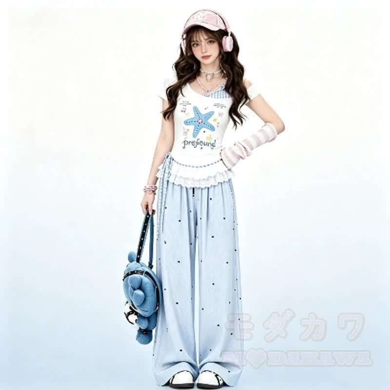 Zweiteiliges Set: Sternenmuster-Top mit schulterfreiem Spitzeneinsatz, gepunktete Hose mit weitem Bein und passendem Spitzentop mit Polka-Dot-Print, schulterfreiem Top und gepunkteter Hose mit weitem Bein - image 2