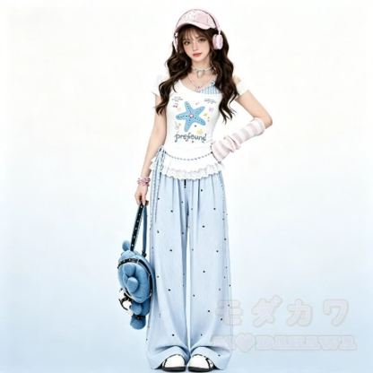 Zweiteiliges Set: Sternenmuster-Top mit schulterfreiem Spitzeneinsatz, gepunktete Hose mit weitem Bein und passendem Spitzentop mit Polka-Dot-Print, schulterfreiem Top und gepunkteter Hose mit weitem Bein - image 2