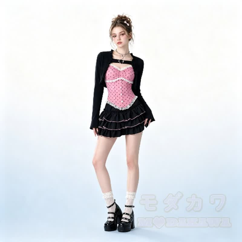 Dreiteiliges Set aus süßem Polka-Dot-Top, kurzem Cardigan und Rüschenrock im Y2K - image 3