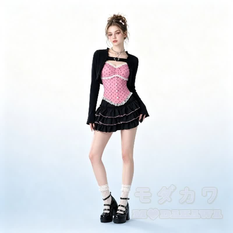 Dreiteiliges Set aus süßem Polka-Dot-Top, kurzem Cardigan und Rüschenrock im Y2K - image 3