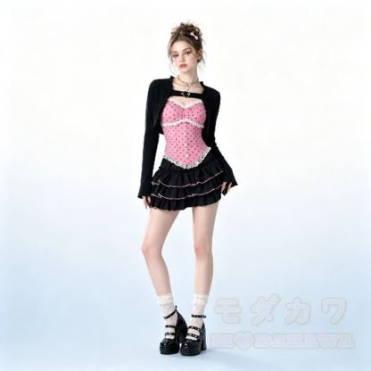 Dreiteiliges Set aus süßem Polka-Dot-Top, kurzem Cardigan und Rüschenrock im Y2K - image 3