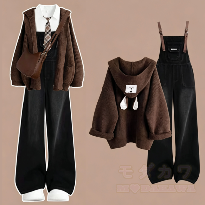 Dreiteiliges Set im Preppy-Stil: Strickcardigan, Hemd und Jeans-Latzhose - Satz - 4XL - image 1