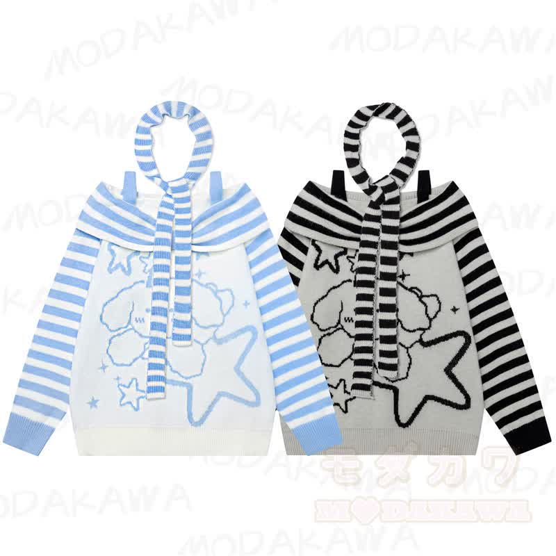 Hochwertiger Pullover mit Welpen- und Sternenmuster, Streifen, schulterfreiem Träger und langen Ärmeln - image 1