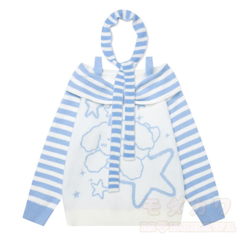 Hochwertiger Pullover mit Welpen- und Sternenmuster, Streifen, schulterfreiem Träger und langen Ärmeln - Blau - XL - image 5
