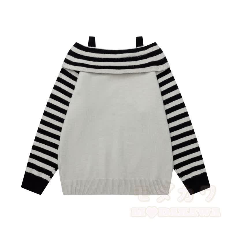 Hochwertiger Pullover mit Welpen- und Sternenmuster, Streifen, schulterfreiem Träger und langen Ärmeln - image 4