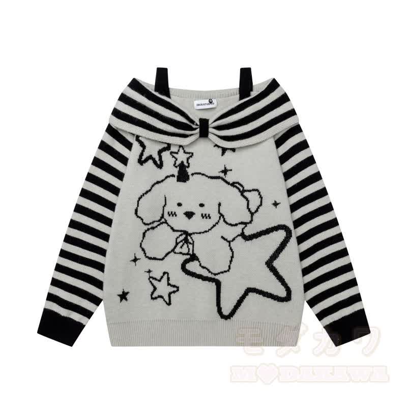 Hochwertiger Pullover mit Welpen- und Sternenmuster, Streifen, schulterfreiem Träger und langen Ärmeln - image 3