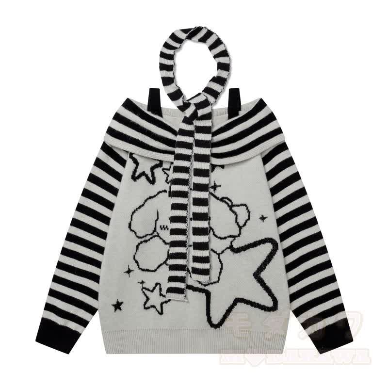 Hochwertiger Pullover mit Welpen- und Sternenmuster, Streifen, schulterfreiem Träger und langen Ärmeln - Schwarz - XL - image 2