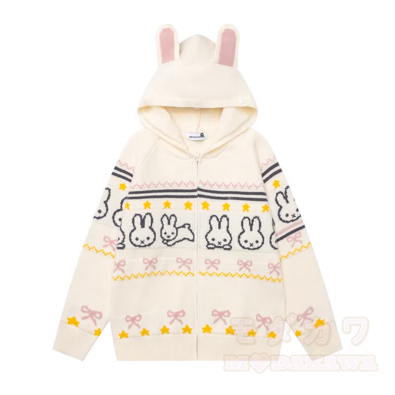 Hochwertiger, süßer Strickcardigan mit Kapuze und Reißverschluss, bedruckt mit Hasenohren und mit niedlichem Hasenmotiv. - image 3