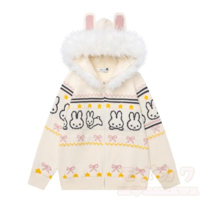 Hochwertiger, süßer Strickcardigan mit Kapuze und Reißverschluss, bedruckt mit Hasenohren und mit niedlichem Hasenmotiv. - Beige - XL - image 2