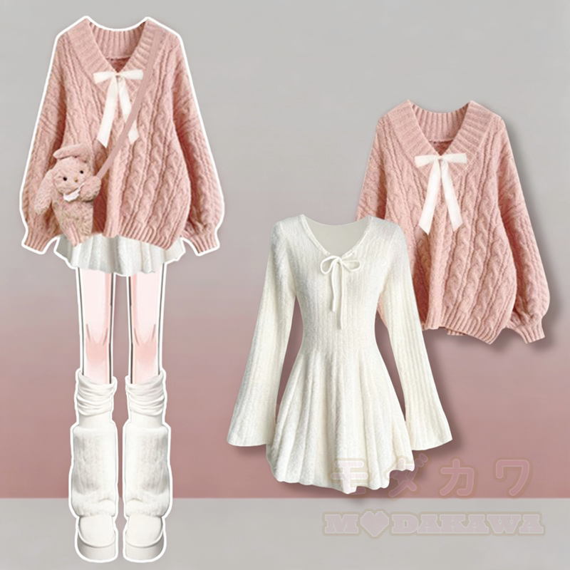 Zweiteiliges Set aus süßem Zopfstrickpullover mit Schleife und V-Ausschnitt sowie ausgestelltem Kleid - Satz - 4XL - image 1