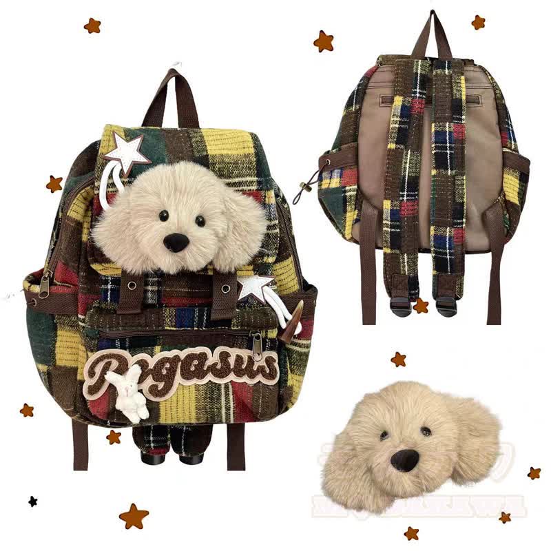 Kawaii-Rucksack mit Karomuster, Hundemotiv, Buchstabenstickerei, Freizeitrucksack - image 1