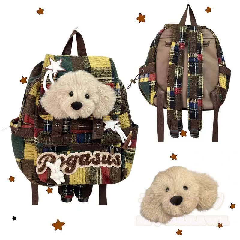 Kawaii-Rucksack mit Karomuster, Hundemotiv, Buchstabenstickerei, Freizeitrucksack - image 1