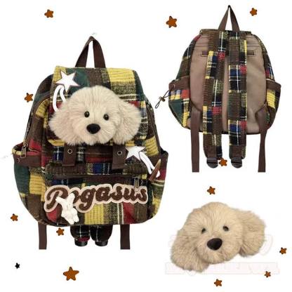 Kawaii-Rucksack mit Karomuster, Hundemotiv, Buchstabenstickerei, Freizeitrucksack - image 1