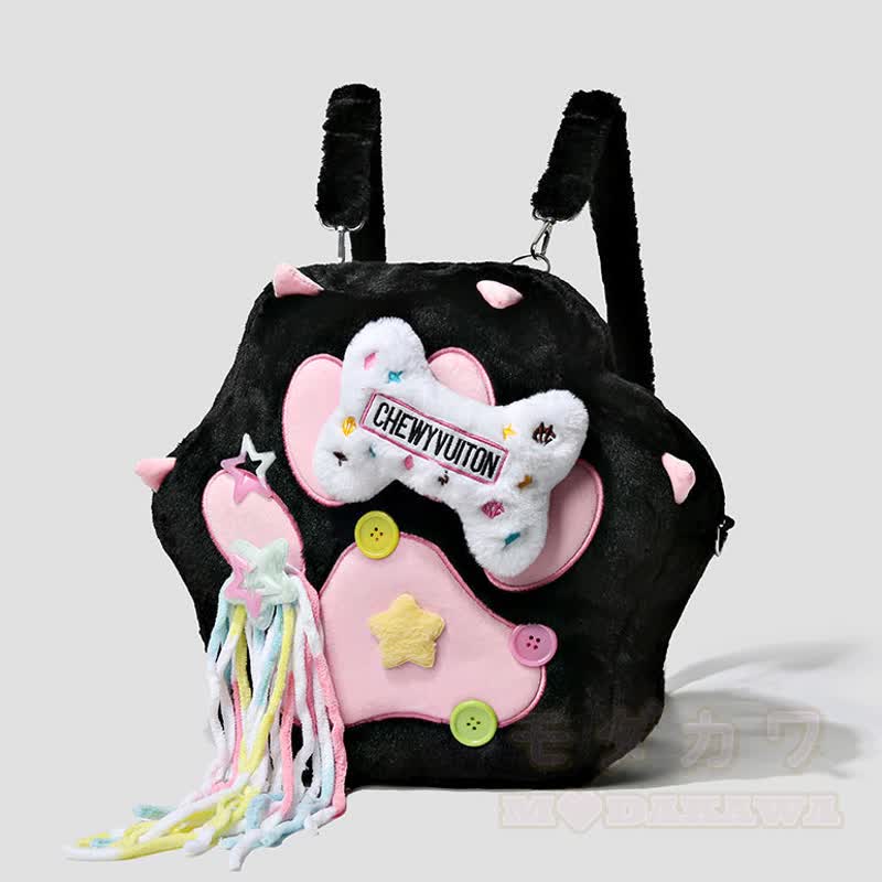 Y2K Katzenpfoten-Plüsch-Rucksack, niedlich und lässig - Schwarz & Rosa - image 1
