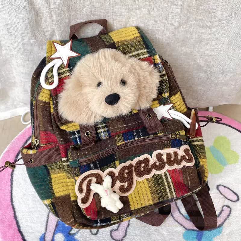 Kawaii-Rucksack mit Karomuster, Hundemotiv, Buchstabenstickerei, Freizeitrucksack - Gelb - image 5