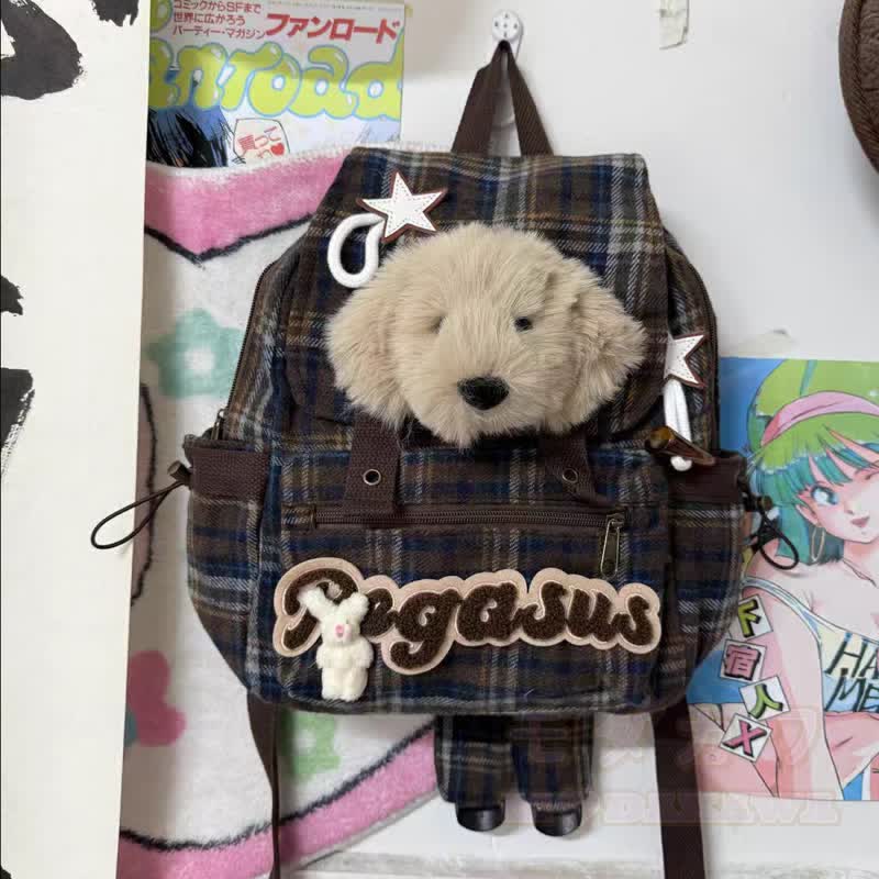 Kawaii-Rucksack mit Karomuster, Hundemotiv, Buchstabenstickerei, Freizeitrucksack - Braun - image 6