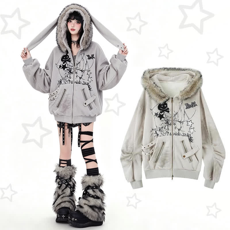 Vintage-Sweatshirtjacke mit Kapuze und Reißverschluss, Hasenohren-Motiv im Used-Look - image 1