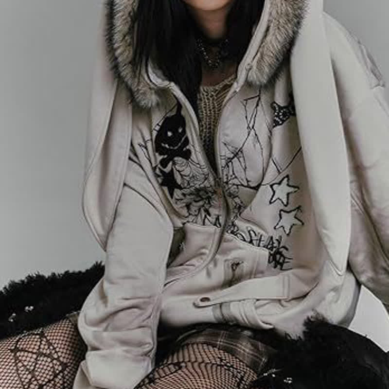 Vintage-Sweatshirtjacke mit Kapuze und Reißverschluss, Hasenohren-Motiv im Used-Look - image 3