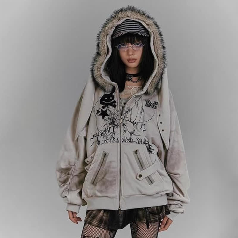 Vintage-Sweatshirtjacke mit Kapuze und Reißverschluss, Hasenohren-Motiv im Used-Look - image 2
