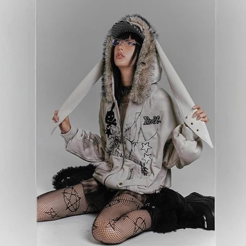 Vintage-Sweatshirtjacke mit Kapuze und Reißverschluss, Hasenohren-Motiv im Used-Look - image 5