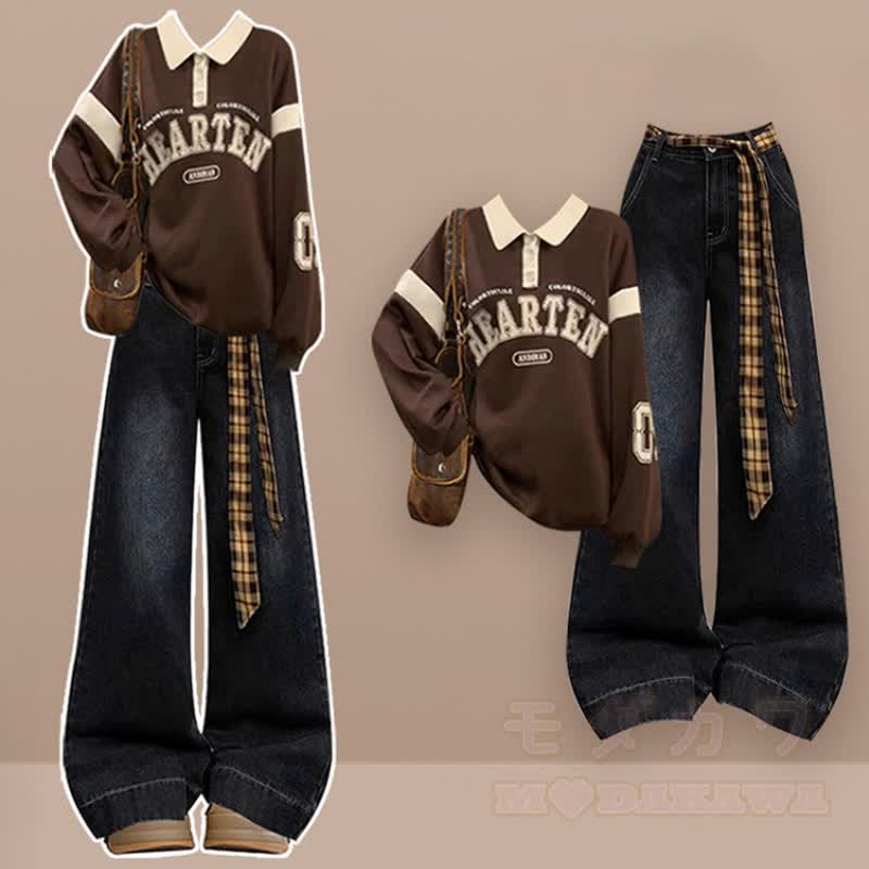 Zweiteiliges Set: Sweatshirt mit Vintage-Buchstabenprint, karierte Jeans mit Gürtel und weitem Bein - Satz - 2XL - image 1