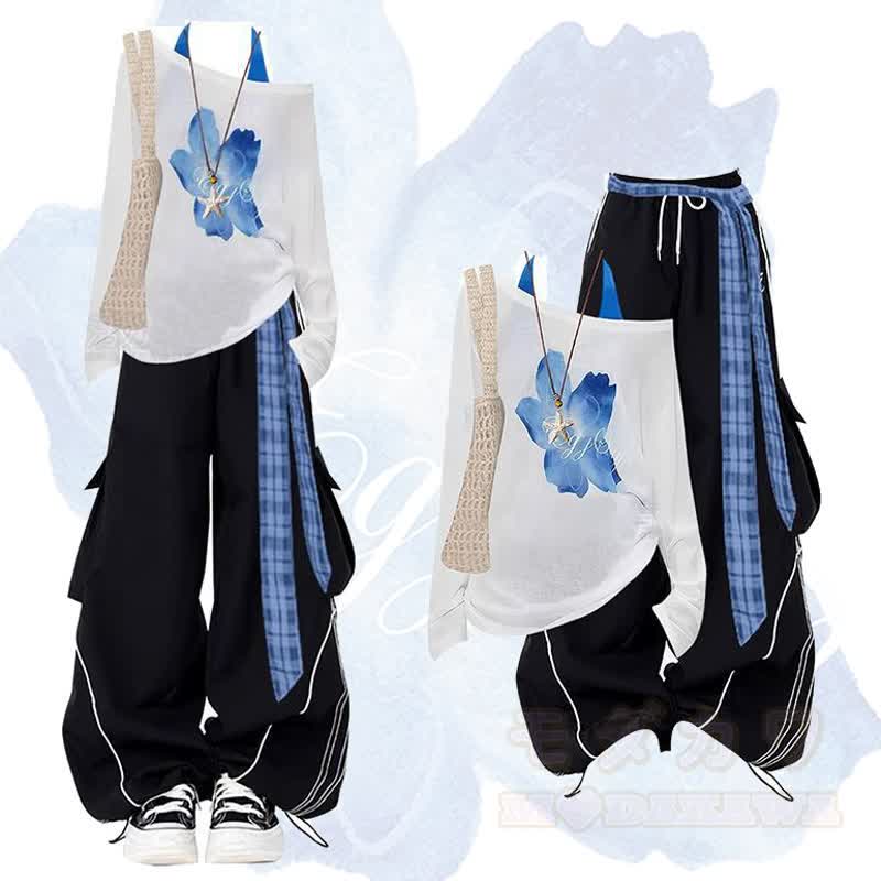 Zweiteiliges Set: Langarmshirt mit Y2K Blumenmuster und karierte Cargohose mit Gürtel - Satz - XL - image 1