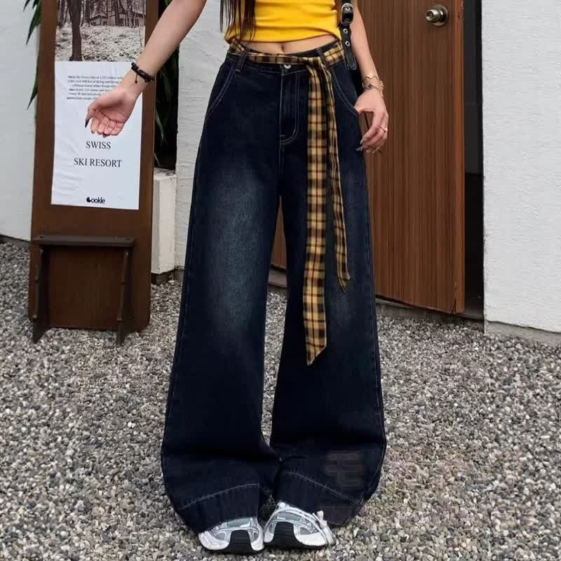 Zweiteiliges Set: Sweatshirt mit Vintage-Buchstabenprint, karierte Jeans mit Gürtel und weitem Bein - Hose - 2XL - image 3