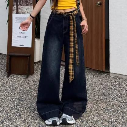Zweiteiliges Set: Sweatshirt mit Vintage-Buchstabenprint, karierte Jeans mit Gürtel und weitem Bein - Hose - 2XL - image 3