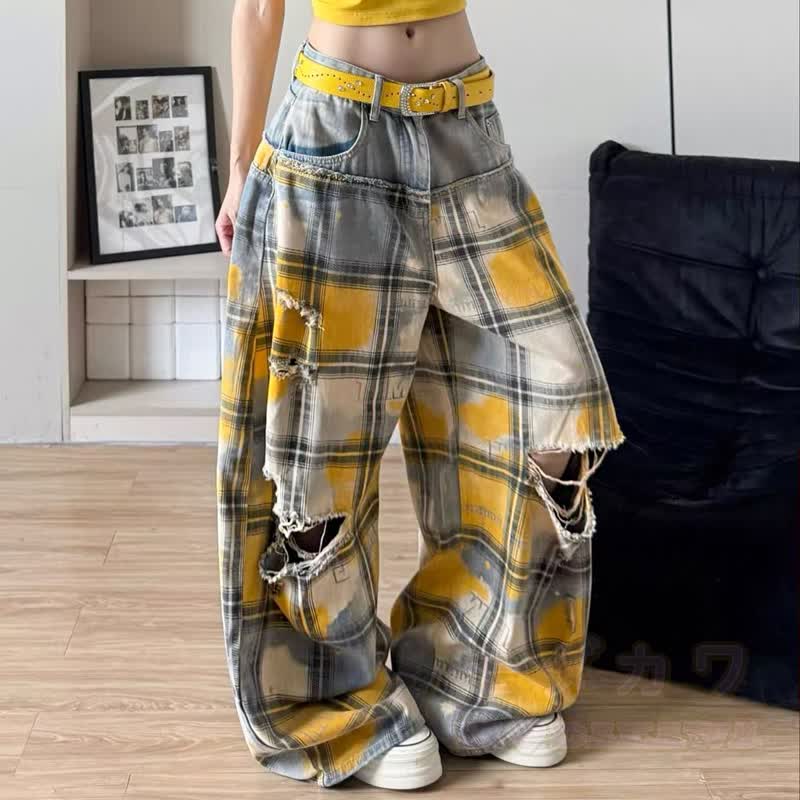 Y2K Vintage gelbe karierte zerrissene lockere Jeanshose im Used-Look - Gelb - 3XL - image 1