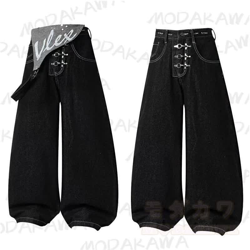 Vintage Unisex-Jeans mit abnehmbarem Riemen, schwarz, locker geschnitten - image 1