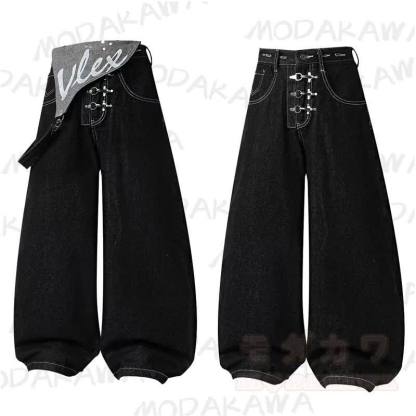 Vintage Unisex-Jeans mit abnehmbarem Riemen, schwarz, locker geschnitten - image 1